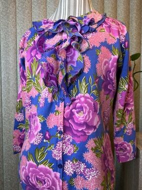Isaac Mizrahi Purple and Pink Floral Tie-Neck Blouse